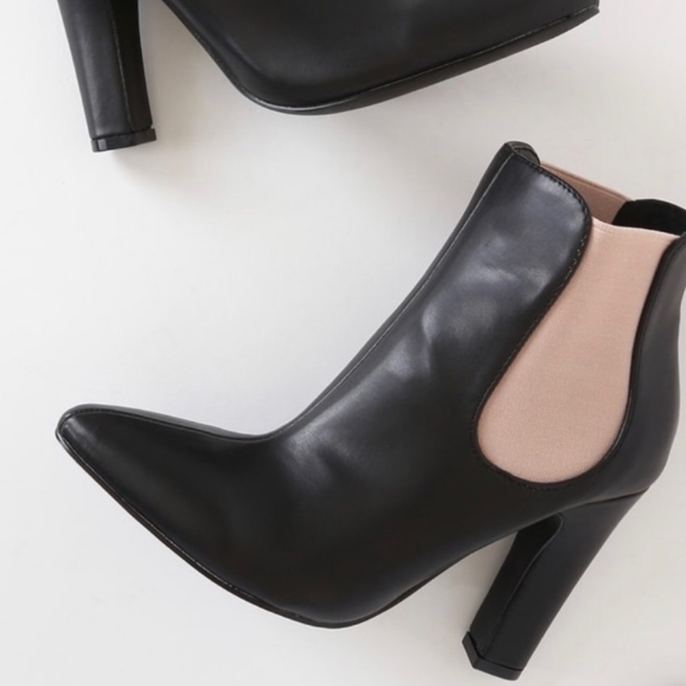 Lulu's Black Leather-Look Pointed Toe Ankle Boots with Pale Pink Elastic - Picture 4 of 4